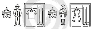Fitting changing room, man, woman public dressing cabin, try clothing in fashion store line icon. Sale, buy clothes in shop vector