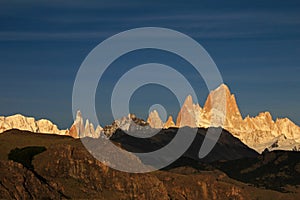Fitz Roy and Cerro Torre mountainline at sunrise, Patagonia, Argentina