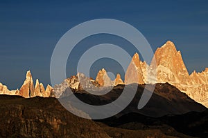 Fitz Roy and Cerro Torre mountainline at sunrise, Patagonia, Argentina