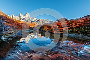 Fitz Roy mountain near El Chalten, in the Southern Patagonia, on the border between Argentina and Chile. Dawn view from the track.