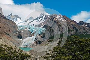 Fitzroy mountain and glacier Piedras Blancas in Chalten, Patagonia, Argentina