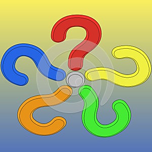 Five 3d many-colored question marks