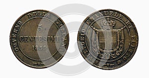 Five 5 cents Lire Savoy Copper Coin 1859 Vittorio Emanuele pre-unification of Italy Re Eletto