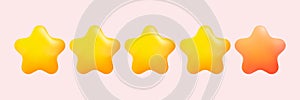 Five 5 star rank sign. Four gold stars from five. 3d Glossy golden stars sticker icon rating isolated on pink background.  Service