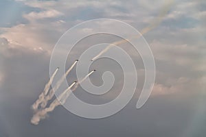 Five airplanes formation at an air show