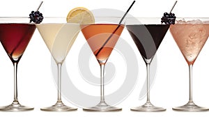 Five Assorted Cocktails in Martini Glasses