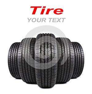 Five automobile black rubber tires isolated on white