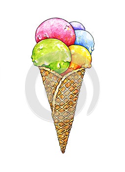 Five balls of multi-colored ice cream in a wafer cone isolated on a white background. Handwork sketch. Vectorillustration