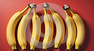 Five Bananas Arranged in a Row on a Red Background.