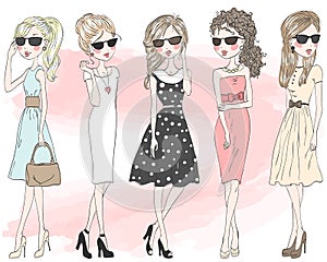 Five beautiful stylish cute cartoon fashion girls.