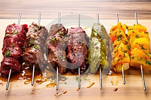 five beef skewers lined up with different marinades