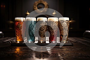 Five Beer Glasses With Foam Forming Intricate Patterns On The Surface Capturing. Generative AI