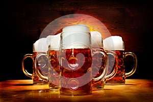 Five Beer Glasses on the Wooden Table