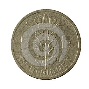 Five belgian franc coin 1950 isolated
