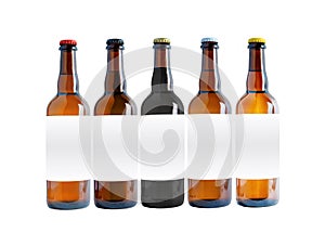 Five Big Beer Bottles Mock-Up with different caps. Blank Label