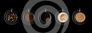 Five black cups of coffee with different coffees