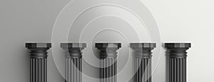 Five black pillars against silver wall background. 3d illustration