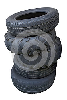 five black tires - close-up, isolated on a white background