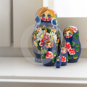 Five blue Matryoshkas