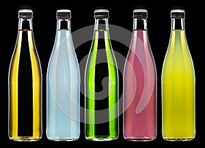 Bottles with soda drinks from agave, guava, pear, lime and tarragon