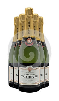 Five Bottles of Taittinger Brut Champagne on a white background