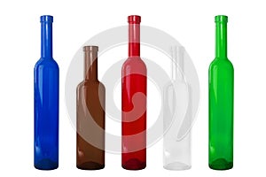 Five bottles in two different sizes and five colors, blue, red, brown, white and green