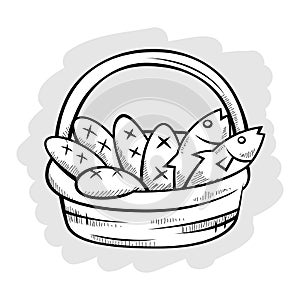 Five Bread And Two Fish in A Basket Line Art