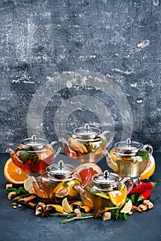 Five brewed teas in teapots collection