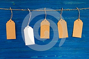 Five brown and white blank paper price tags or labels set hanging on a rope on the blue background.