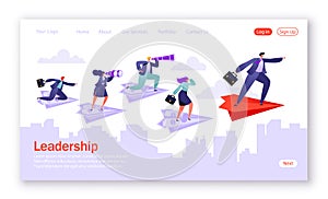 . Five business people flying on paper planes. Concept of landing page