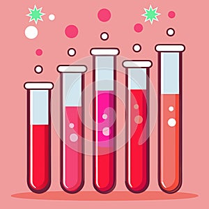 Five cartoon test tubes with red liquid and bubbles