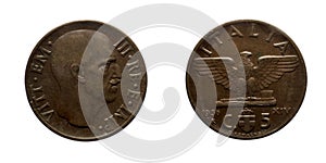 Five 5 cents Lire Copper Coin 1936 Empire Vittorio Emanuele III Kingdom of Italy photo
