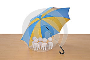 Five charactern under umbrella.3D illustration.