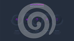 Five circle elements placed in horizontal row with zigzag line. Neumorphic infographic template