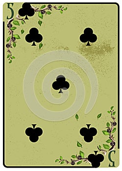 Five of Clubs playing card. Unique hand drawn pocker card. One of 52 cards in french card deck, English or Anglo-American pattern