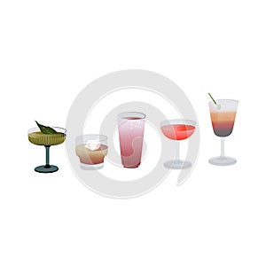 five cocktail glasses on white