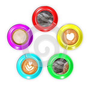 Five coffee cups arranged in circle.