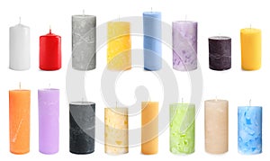 Five color wax candles on white