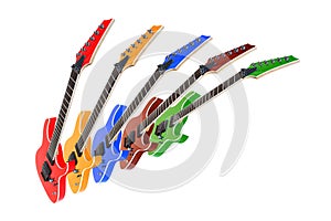 five colored guitars isolated on white