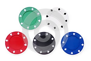 Five colored poker chips set. Without labels, isolated on white.