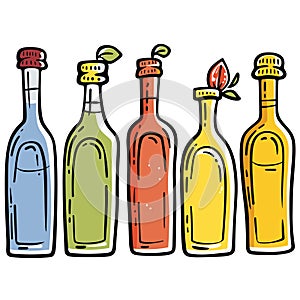 Five colorful bottles handdrawn style, topped different plant elements. Assorted colorful glass photo