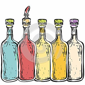 Five colorful bottles lined up, sealed corks, one bottle uncorked. Handdrawn style vector