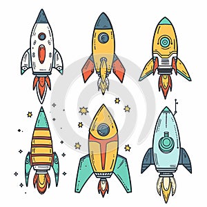 Five colorful cartoon rockets displayed against white background, stars dots scattered around photo