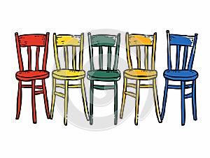 Five colorful chairs, unique color seat backrest against white background. Handdrawn style
