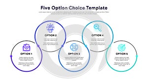 Five colorful circular elements, thin line pictograms and text boxes. Concept of arrow business model with 5 options and choices.