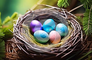 five colorful eggs in bird's nest amidst green fir branches. conceps: life cycle, new beginning, Easter celebration