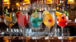 Five colorful gin tonic cocktails in wine glasses adorn the bar counter of a vibrant pub or restaurant. Ai Generated