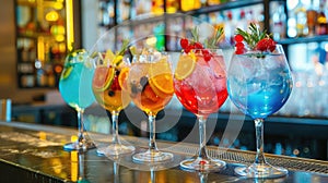 Five colorful gin tonic cocktails in wine glasses adorn the bar counter of a vibrant pub or restaurant. Ai Generated