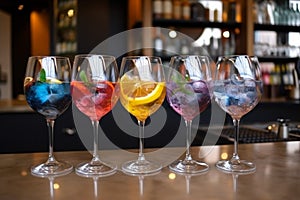 Five colorful gin tonic cocktails in wine glasses on bar