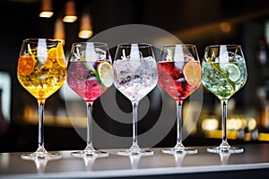 Five colorful gin tonic cocktails in wine glasses on bar